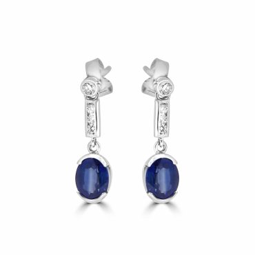 Ceylon sapphire and oval diamond drop earrings with 18ct white gold