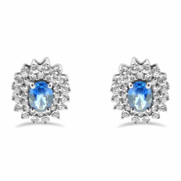 Ceylon sapphire double halo diamond earrings with 18ct white gold