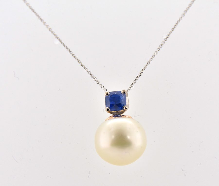 pearl necklace with sapphire gemstone, white gold