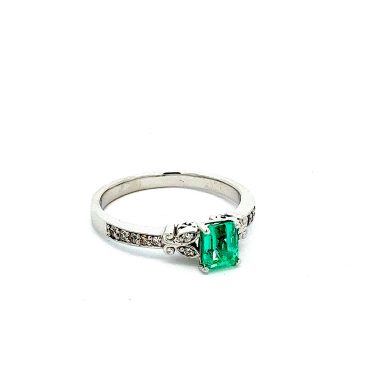 Brilliant Cut Emerald With Custom Made Engagement Band With Diamonds In Bezel Into The Ring, White Gold.