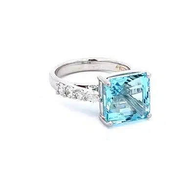 Aquamarine gemstone engagement ring, white gold, diamonds in bezel design