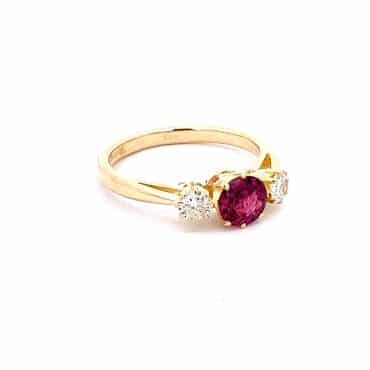 Three stoned, diamond & ruby engagement ring