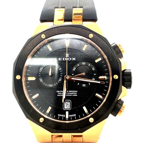 edox watch with black strap and yellow gold