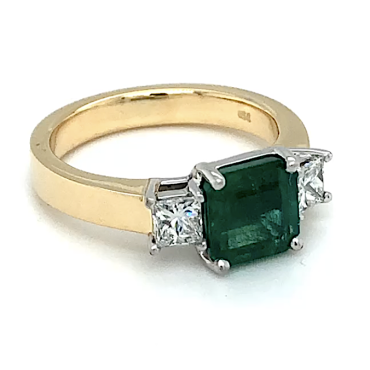 Emerald Trillion Cut Diamond Three-Stone Gold Engagement Ring