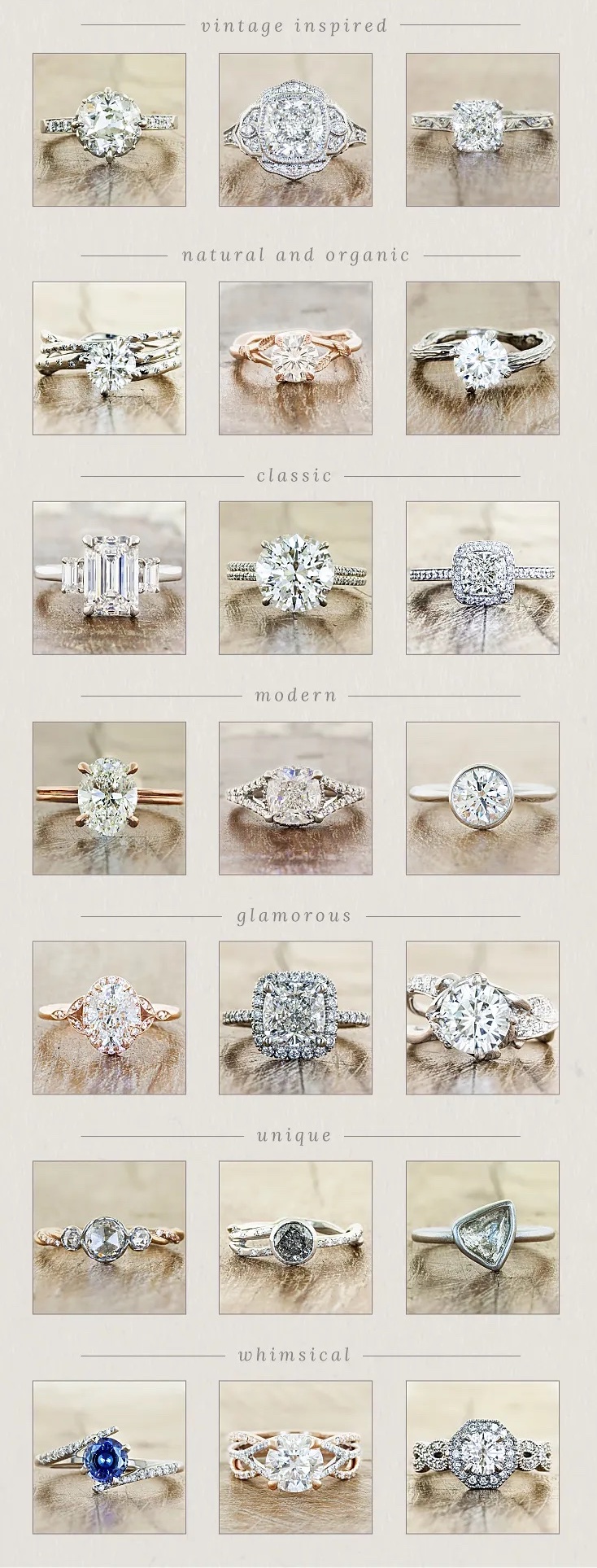 classic engagement rings, romantic engagement rings, modern engagement rings, glamorous engagement rings, whimsical engagement rings 