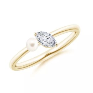 Freshwater Pearl & Tilted Marquise Diamond 2-Stone Grande Engagement ring