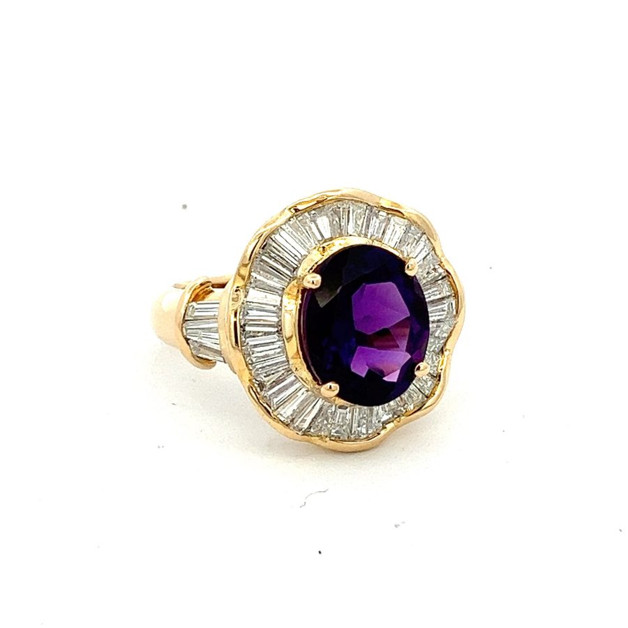 Modern Art Deco Style Amethyst & Diamond Cocktail Ring On Yellow Gold Band