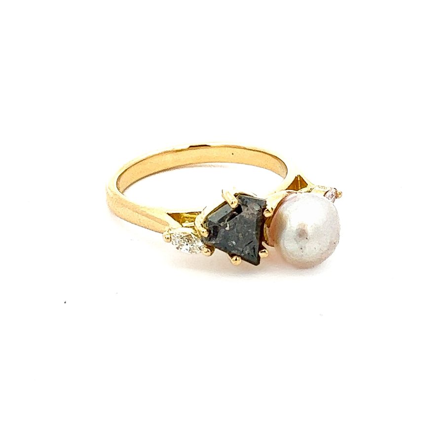 Three Stone Black Diamonds With A Pearl & Side Diamonds Engagement Ring 